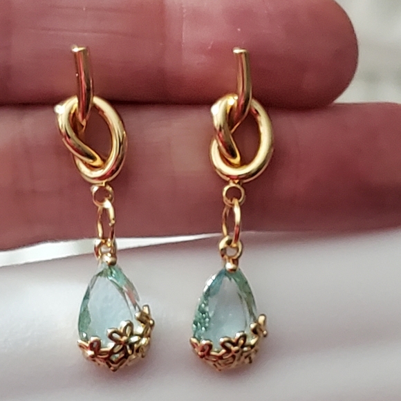 925 earrings ice blue real gold plated flowers aquamarine topaz knot crystal - Picture 12 of 15